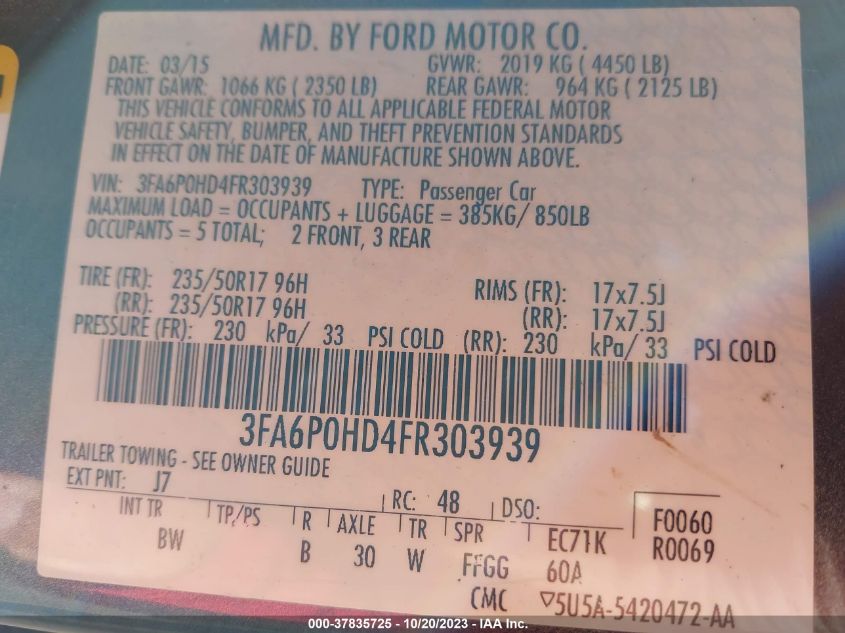 2015 FORD FUSION SE - 3FA6P0HD4FR303939