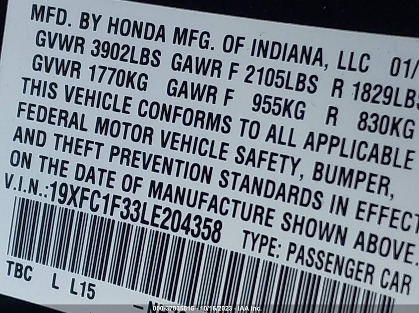 VIN 19XFC1F33LE204358 2020 HONDA CIVIC SEDAN EX