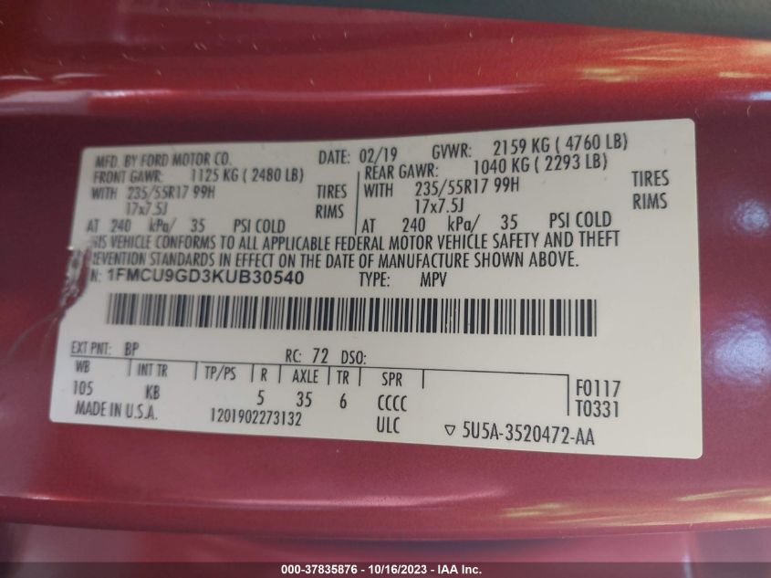 2019 FORD ESCAPE SE - 1FMCU9GD3KUB30540