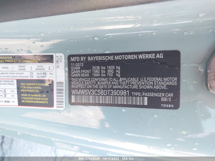 2013 MINI HARDTOP COOPER S WMWSV3C58DT390981