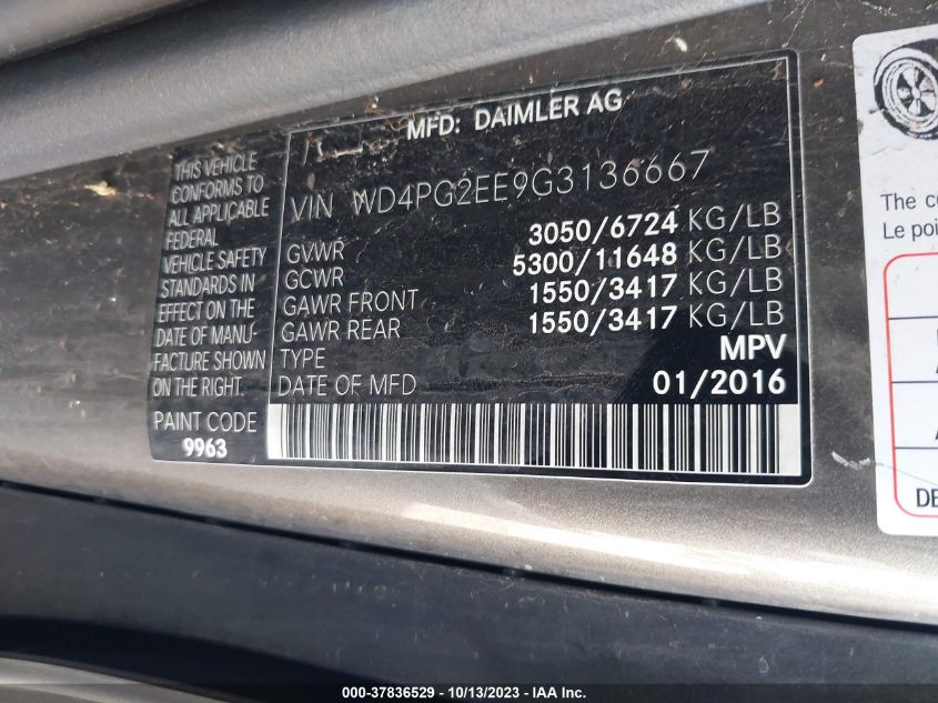2016 MERCEDES-BENZ METRIS PASSENGER VAN WD4PG2EE9G3136667