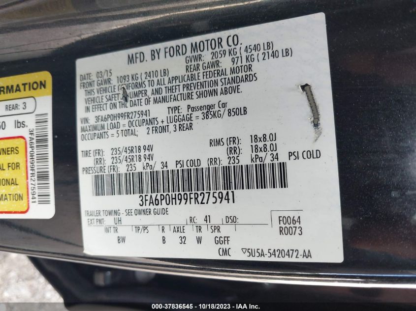 2015 FORD FUSION SE - 3FA6P0H99FR275941