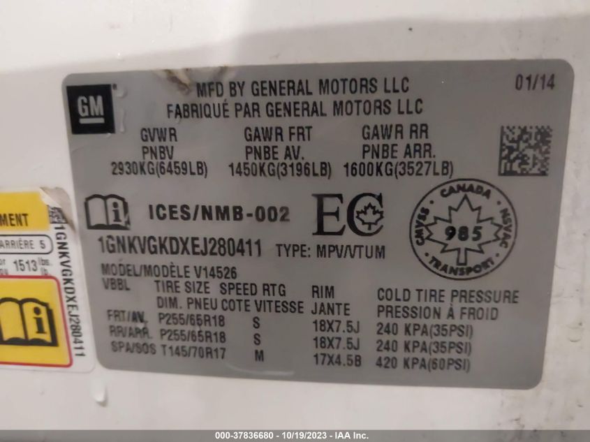 2014 CHEVROLET TRAVERSE LT - 1GNKVGKDXEJ280411