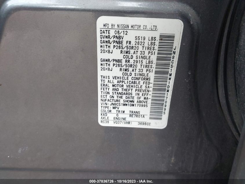 2013 INFINITI FX37 - JN8CS1MW1DM170995