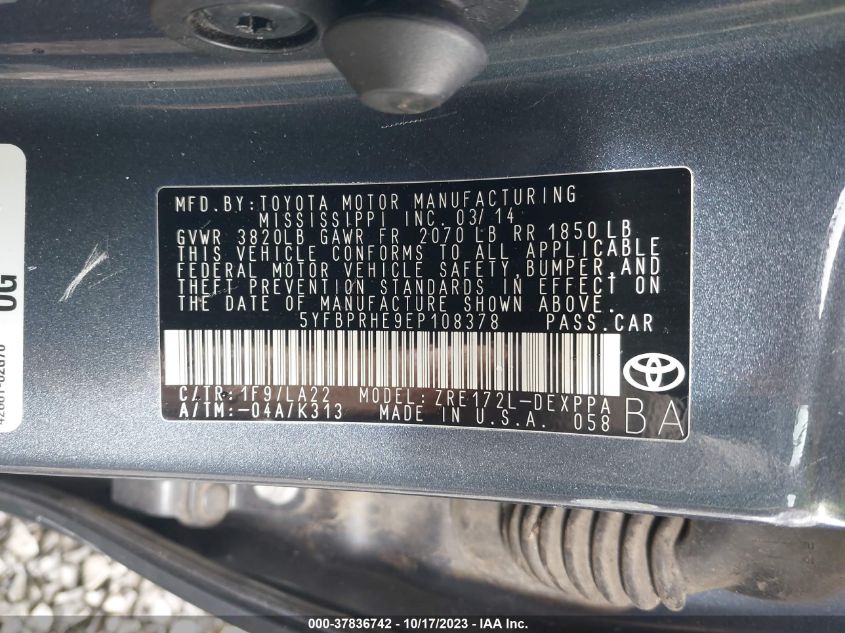 2014 TOYOTA COROLLA ECO/ECO PLUS/ECO PREMIUM - 5YFBPRHE9EP108378