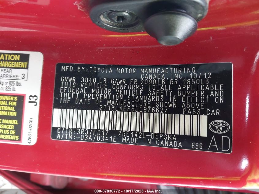 2013 TOYOTA COROLLA L/LE/S - 2T1BU4EE6DC976627