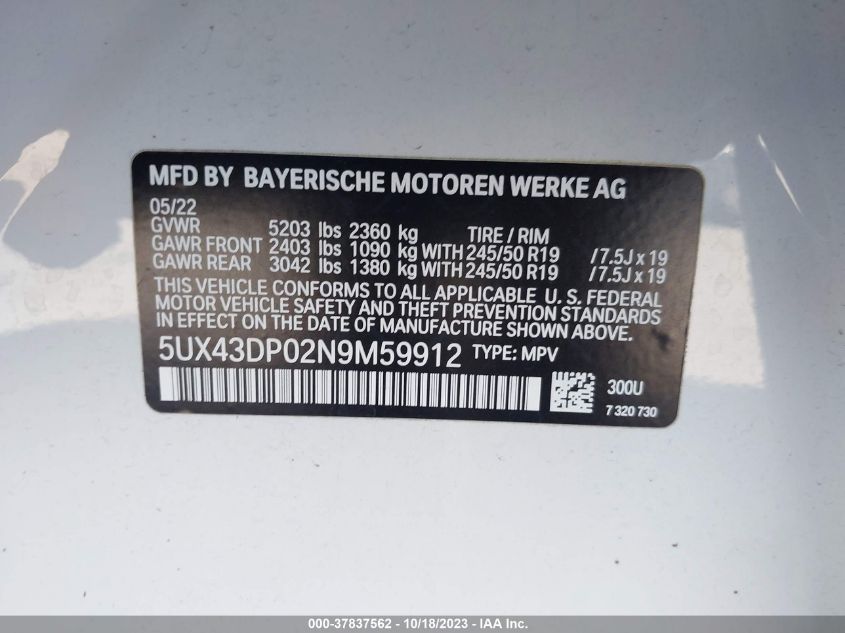 5UX43DP02N9M59912 2022 BMW X3, photo no. 9