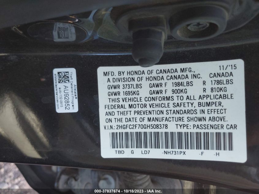 2016 HONDA CIVIC EX - 2HGFC2F70GH508378