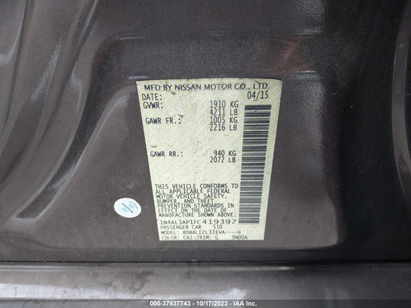 2015 NISSAN ALTIMA 2.5/S/SV/SL - 1N4AL3AP1FC419397