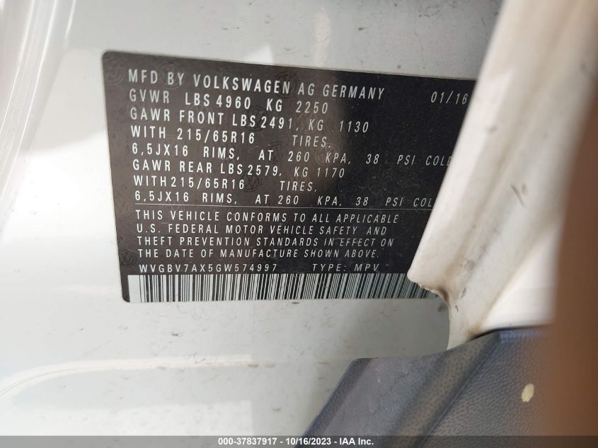 2016 VOLKSWAGEN TIGUAN S - WVGBV7AX5GW574997