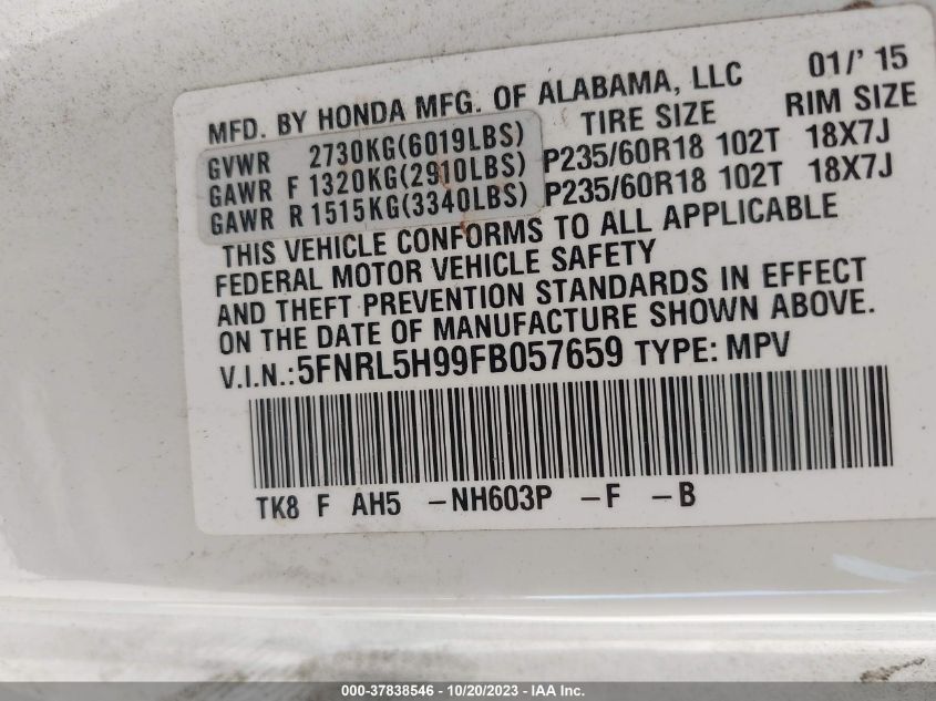 2015 HONDA ODYSSEY TOURING - 5FNRL5H99FB057659