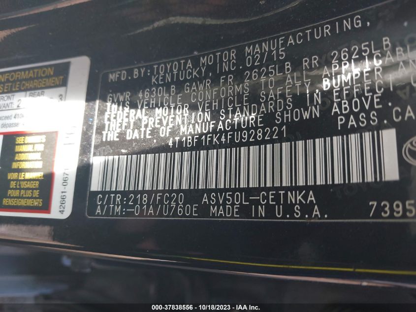 2015 TOYOTA CAMRY XLE/SE/LE/XSE - 4T1BF1FK4FU928221