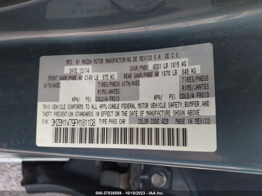 2015 MAZDA MAZDA3 I GRAND TOURING - 3MZBM1W79FM181108
