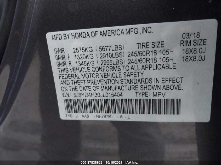 2018 ACURA MDX - 5J8YD4H30JL015404
