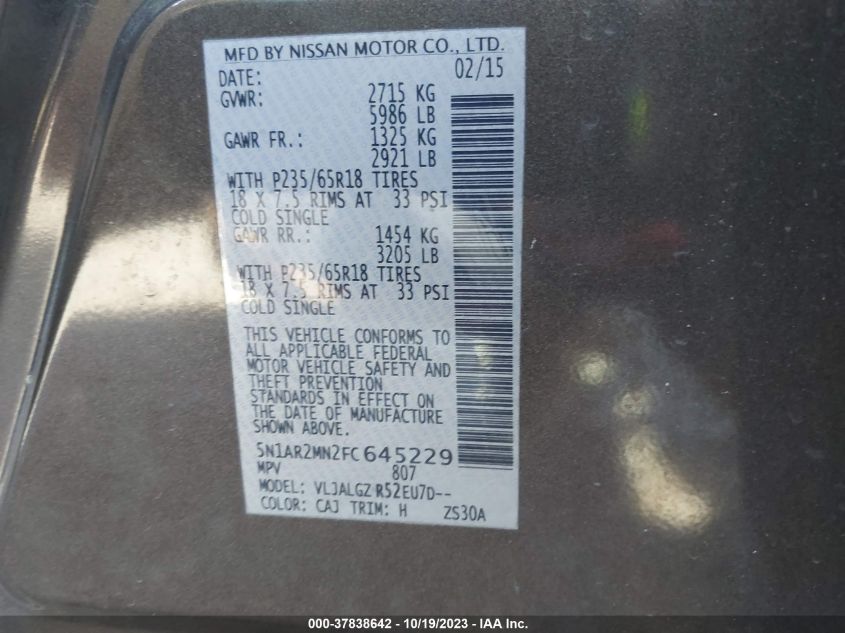 2015 NISSAN PATHFINDER SL - 5N1AR2MN2FC645229