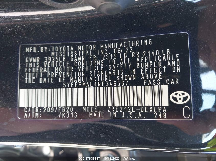 2022 TOYOTA COROLLA LE - 5YFEPMAE4NP346567