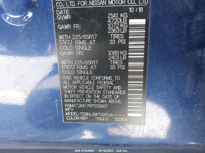2019 NISSAN ROGUE SV - KNMAT2MV7KP513687