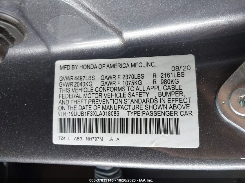 VIN 19UUB1F3XLA018086 2020 ACURA TLX