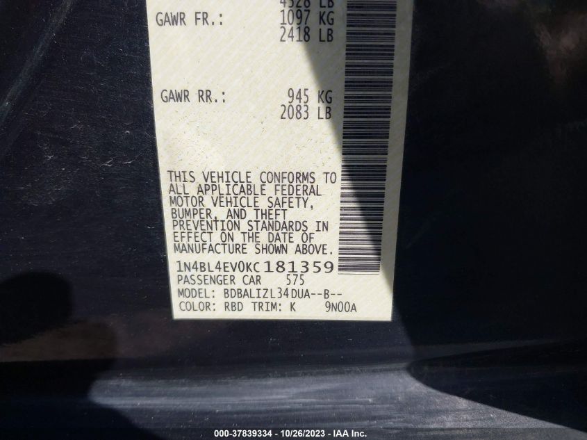 2019 NISSAN ALTIMA 2.5 SL - 1N4BL4EV0KC181359