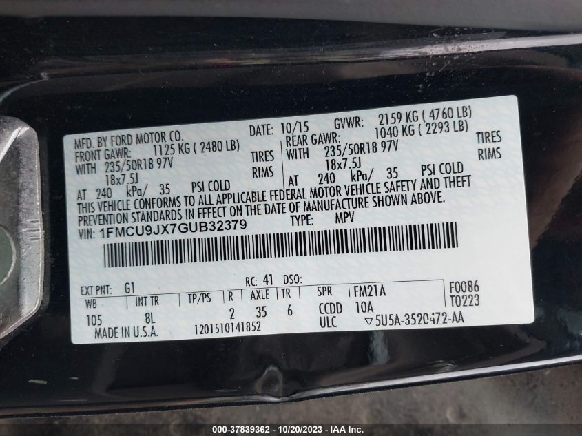 2016 FORD ESCAPE TITANIUM - 1FMCU9JX7GUB32379