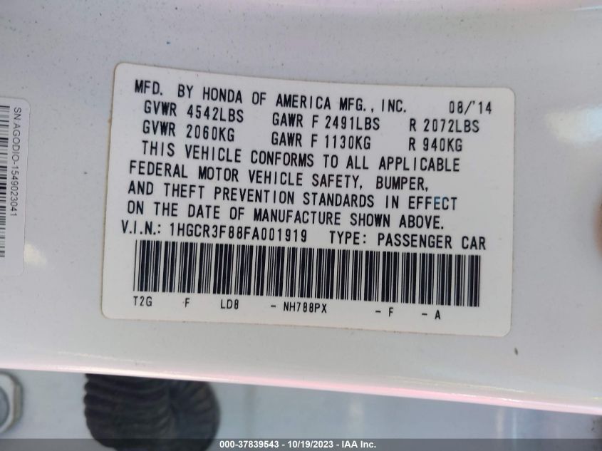 2015 HONDA ACCORD SEDAN EX-L - 1HGCR3F88FA001919