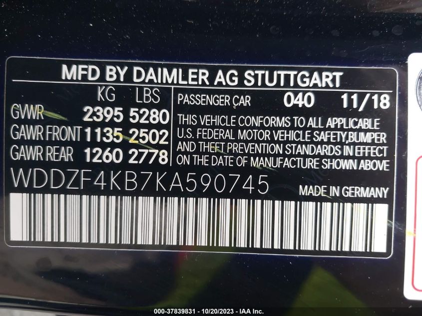 2019 MERCEDES-BENZ E 300 4MATIC WDDZF4KB7KA590745