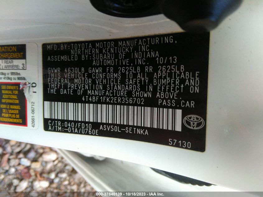 2014 TOYOTA CAMRY L/LE/XLE/SE/SE SPORT - 4T4BF1FK2ER356702