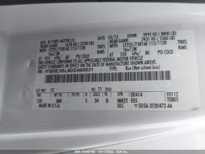 2013 FORD E-350 SUPER DUTY XLT - 1FBNE3BL9DDA65531