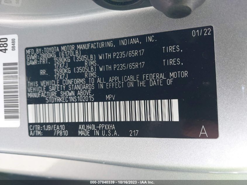 5TDYRKEC1NS102015 2022 TOYOTA SIENNA, photo no. 9