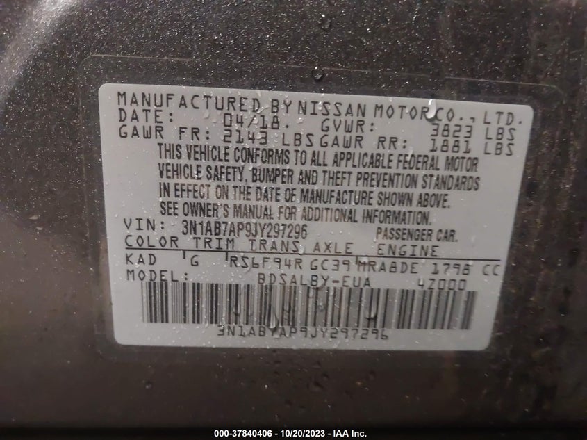 VIN 3N1AB7AP9JY297296 2018 NISSAN SENTRA S