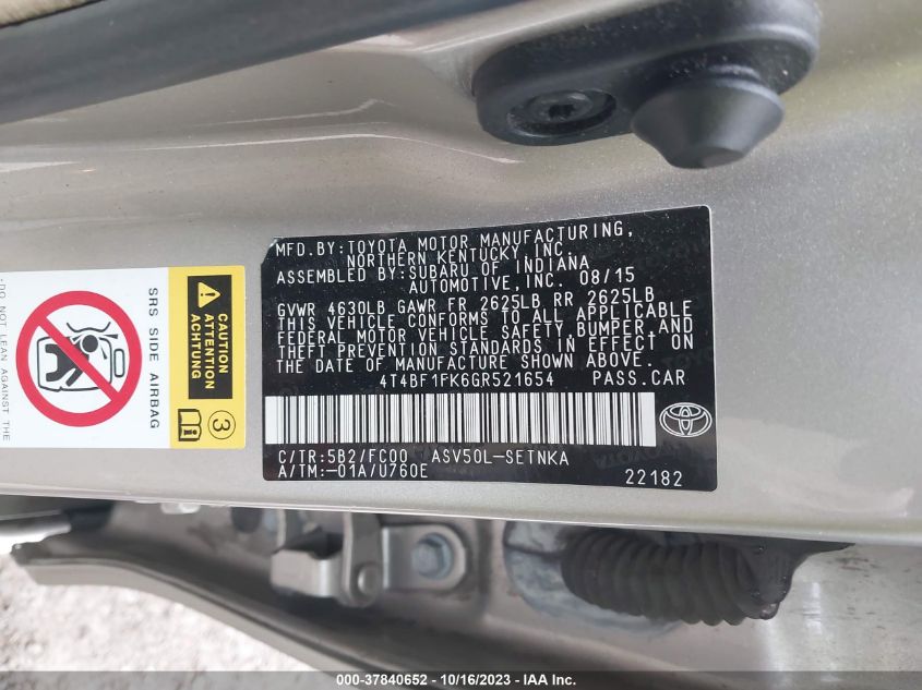 2016 TOYOTA CAMRY XLE/SE/LE/XSE - 4T4BF1FK6GR521654