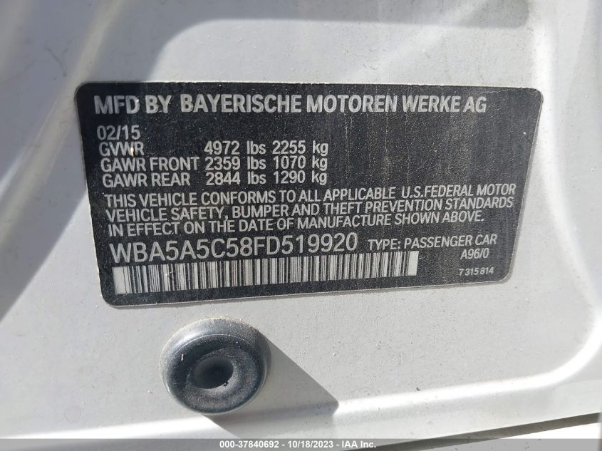 2015 BMW 5 SERIES 528I - WBA5A5C58FD519920