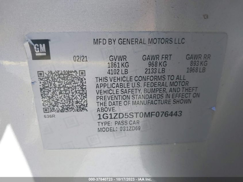 2021 CHEVROLET MALIBU LT - 1G1ZD5ST0MF076443