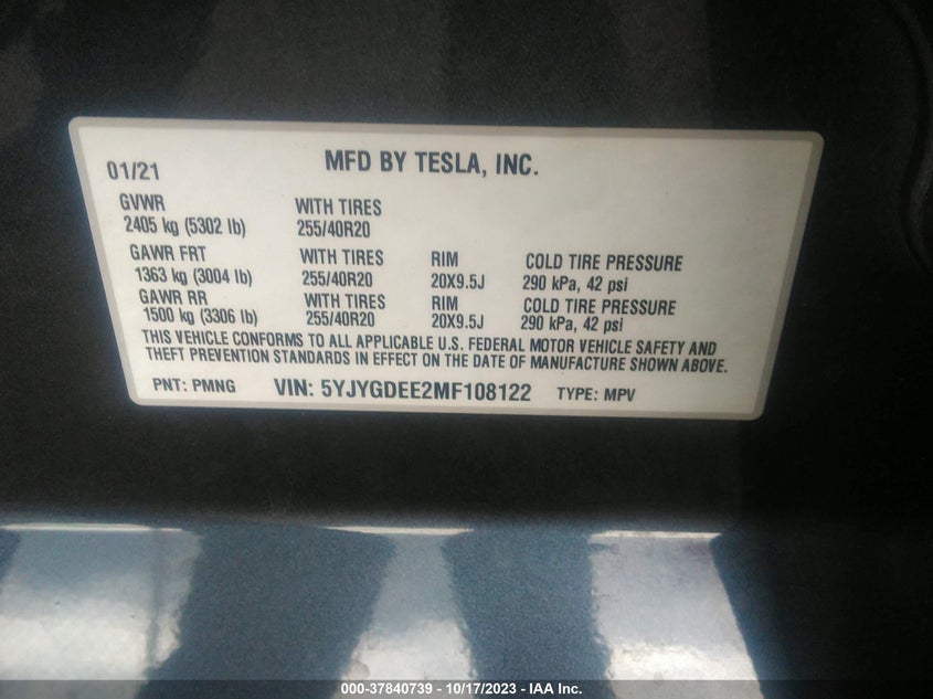 VIN 5YJYGDEE2MF108122 2021 TESLA MODEL Y LONG RANGE