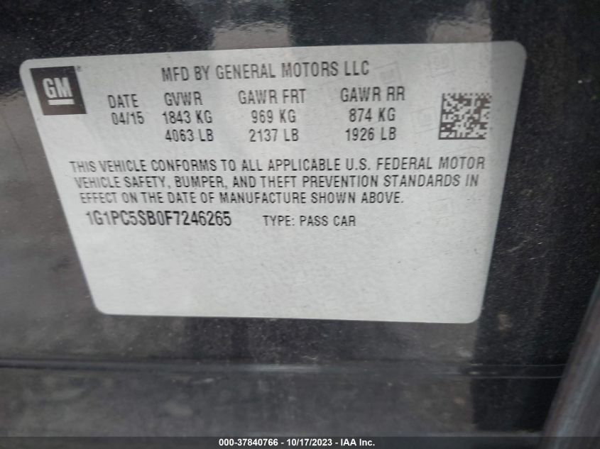 2015 CHEVROLET CRUZE LT - 1G1PC5SB0F7246265