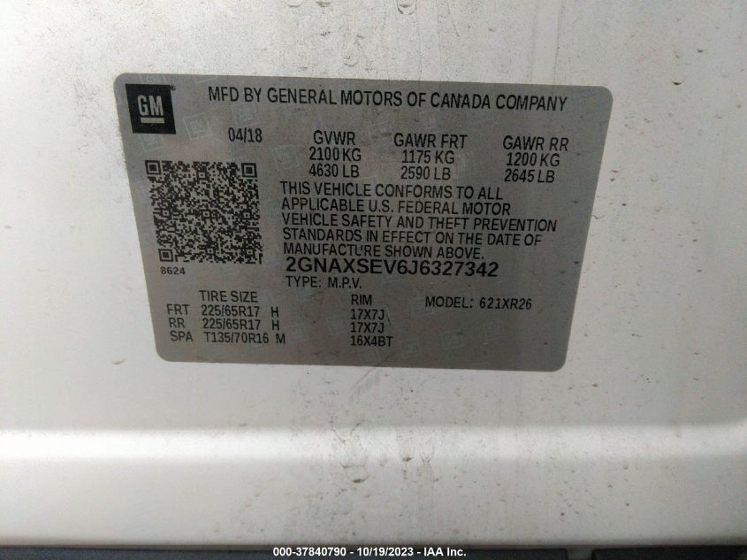 2018 CHEVROLET EQUINOX LT - 2GNAXSEV6J6327342