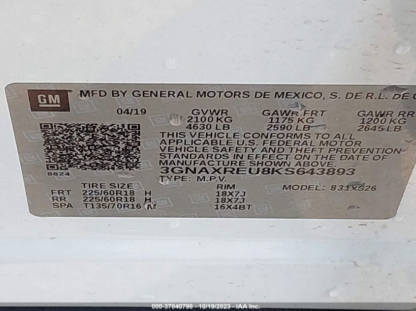 2019 CHEVROLET EQUINOX PREMIER - 3GNAXREU8KS643893