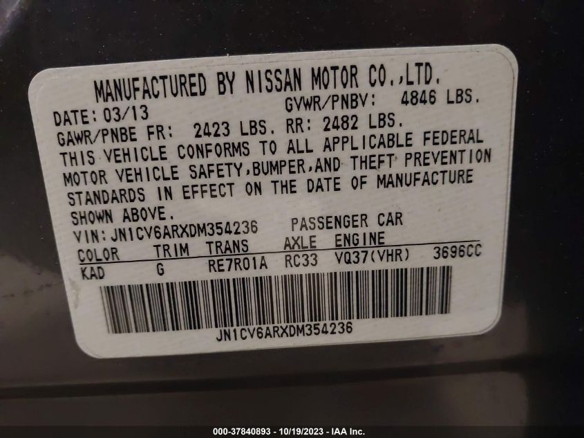 2013 INFINITI G37X JN1CV6ARXDM354236