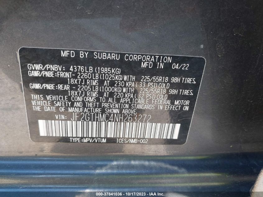 VIN JF2GTHMC4NH263272 2022 SUBARU CROSSTREK LIMITED