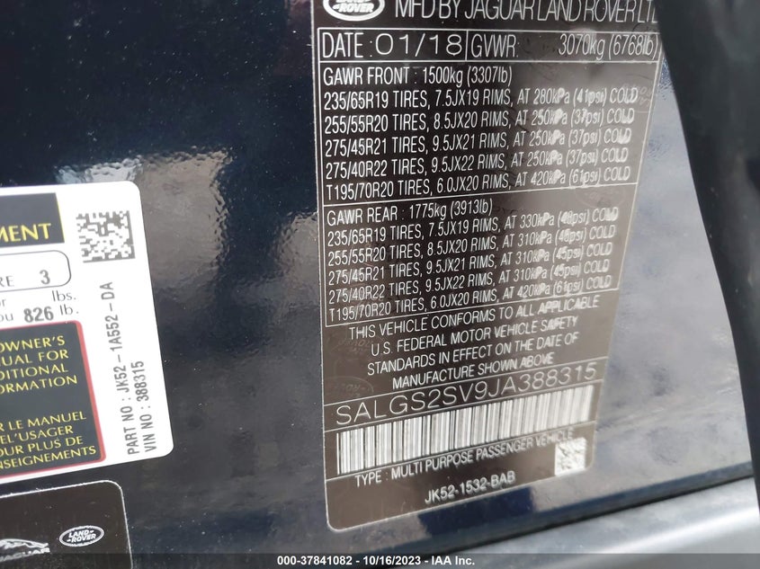 VIN SALGS2SV9JA388315 2018 LAND ROVER RANGE ROVER HSE