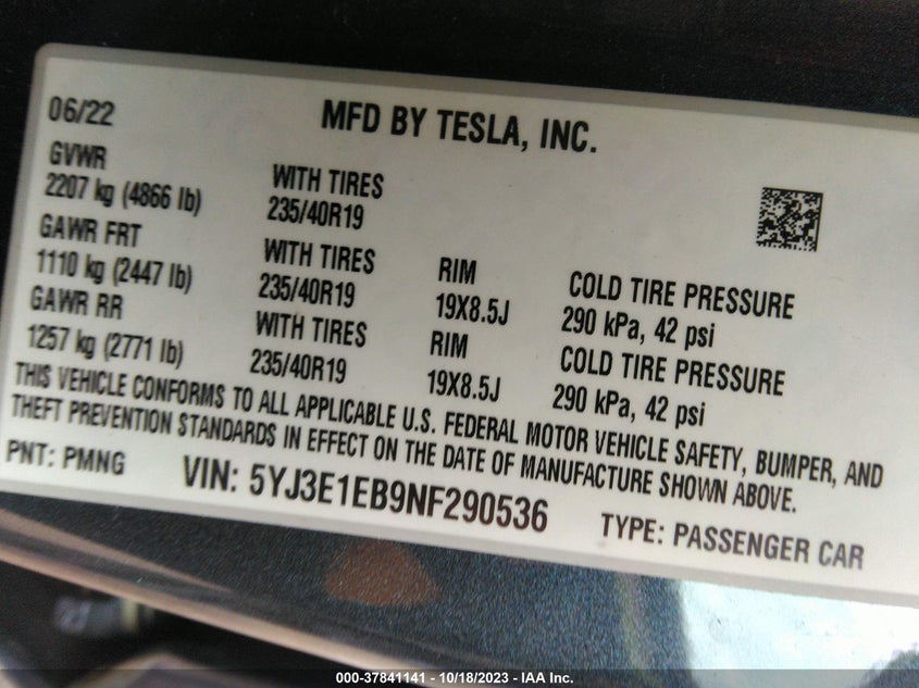 VIN 5YJ3E1EB9NF290536 2022 TESLA MODEL 3 LONG RANGE