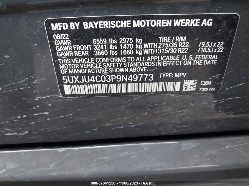 VIN 5UXJU4C03P9N49773 2023 BMW X5 M50I