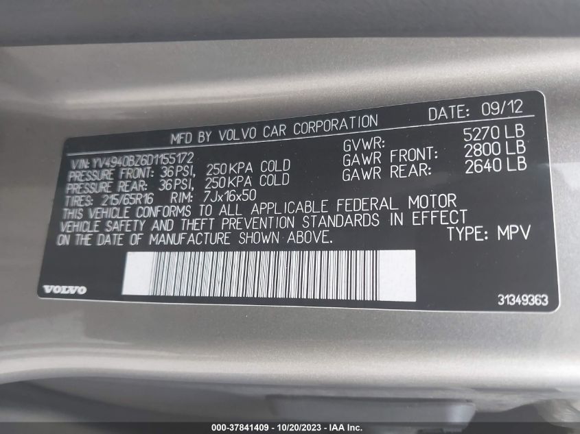2013 VOLVO XC70 3.2L - YV4940BZ6D1155172