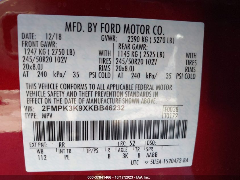 2FMPK3K9XKBB46232 2019 FORD EDGE, photo no. 9