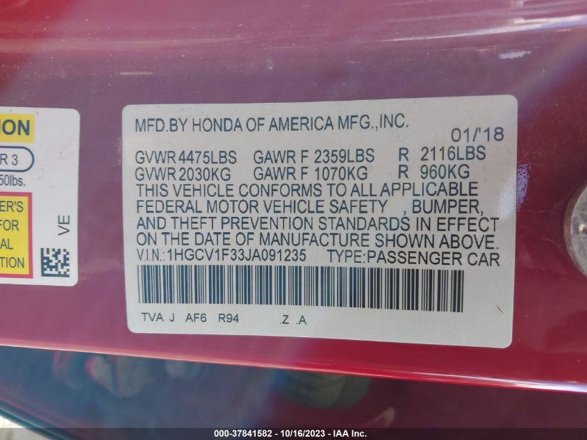 2018 HONDA ACCORD SPORT - 1HGCV1F33JA091235