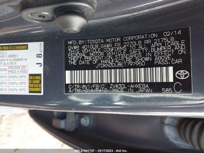 2014 TOYOTA PRIUS - JTDKN3DU8E1797950