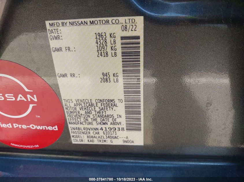 2022 NISSAN ALTIMA SV - 1N4BL4DVXNN419938