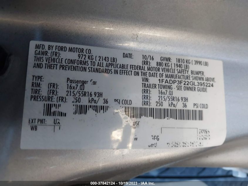 2016 FORD FOCUS SE - 1FADP3F22GL395224