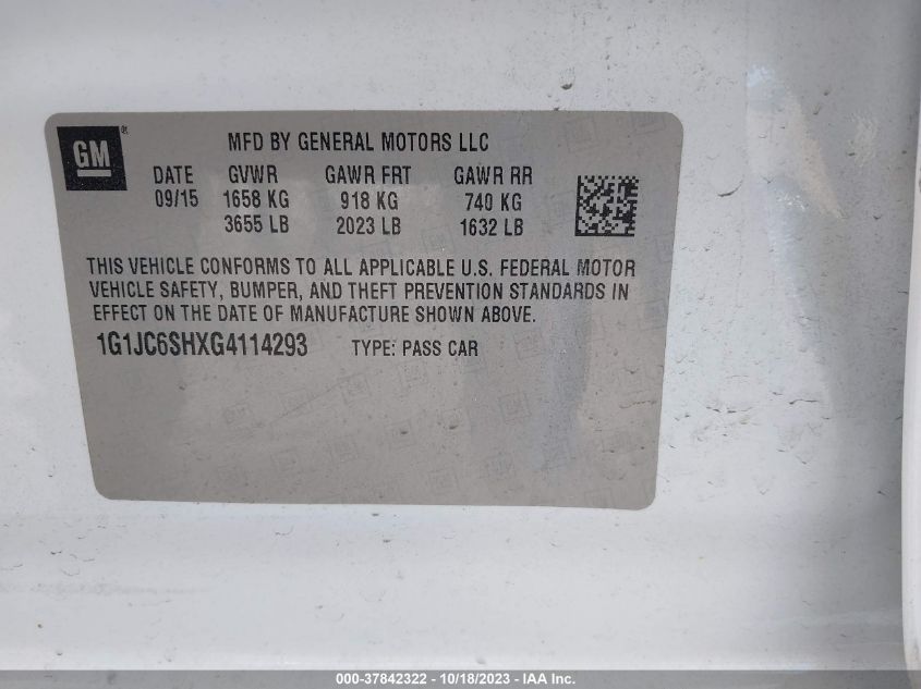 2016 CHEVROLET SONIC LT - 1G1JC6SHXG4114293