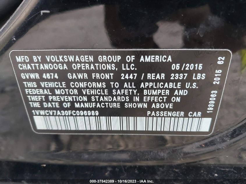 2015 VOLKSWAGEN PASSAT 2.0L TDI SEL PREMIUM - 1VWCV7A30FC096989